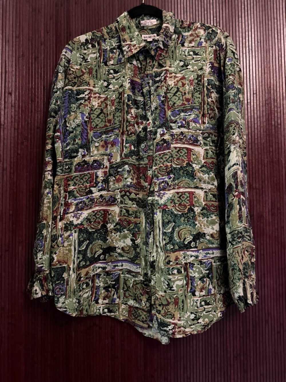 Vintage Silk Green Patterned Men's Button-Up Shirt